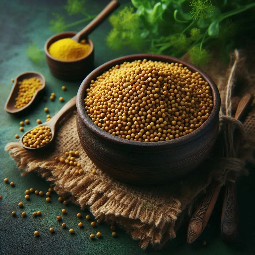 Mustard seeds in a rustic bowl, Freshlink watermark, deep green background (3).webp