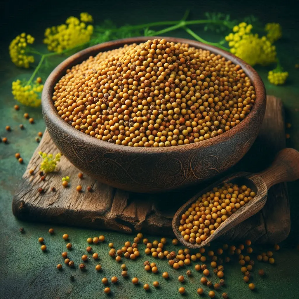 Mustard seeds in a rustic bowl, Freshlink watermark, deep green background (1).webp