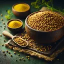 Mustard seeds in a rustic bowl, Freshlink watermark, deep green background.webp