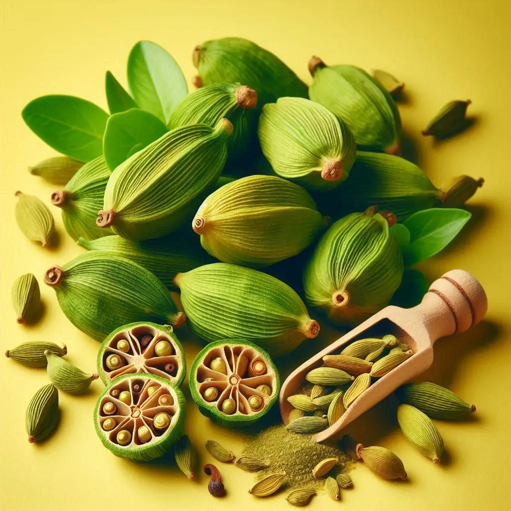 Fresh green cardamom pods with some opened to show seeds, Freshlink branding, yellow background. (3).webp