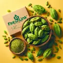 Fresh green cardamom pods with some opened to show seeds, Freshlink branding, yellow background. (1).webp