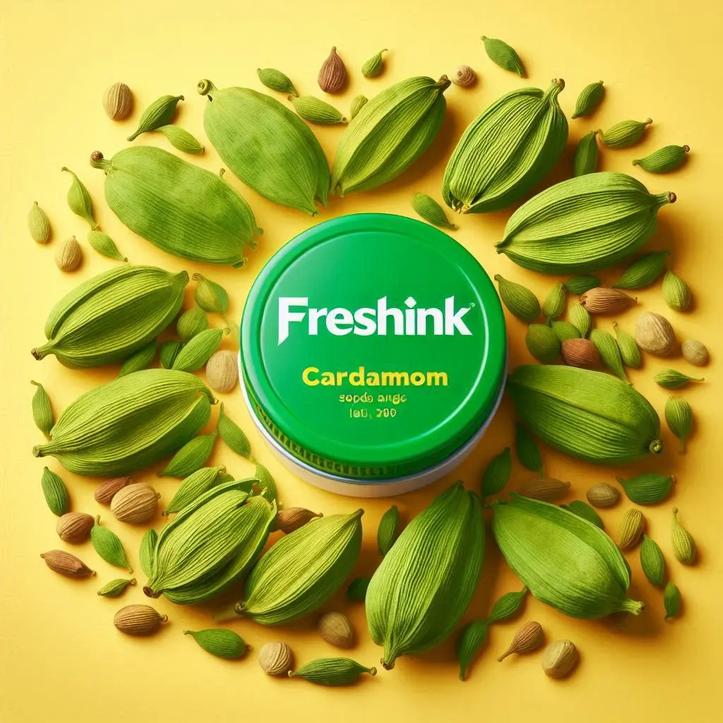 Fresh green cardamom pods with some opened to show seeds, Freshlink branding, yellow background..webp