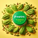 Fresh green cardamom pods with some opened to show seeds, Freshlink branding, yellow background..webp