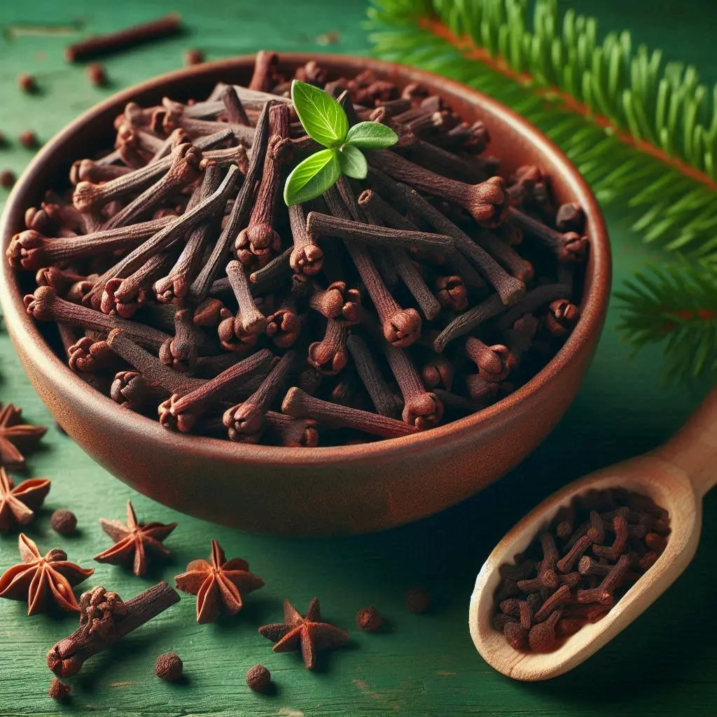 Cloves in a bowl with a few scattered, Freshlink watermark, green background. (2).webp