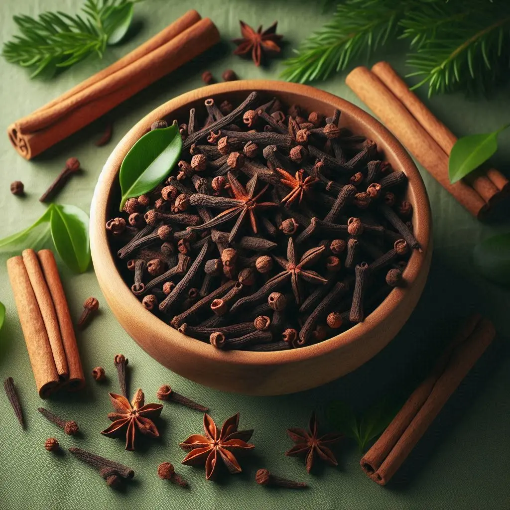 Cloves in a bowl with a few scattered, Freshlink watermark, green background. (1).webp