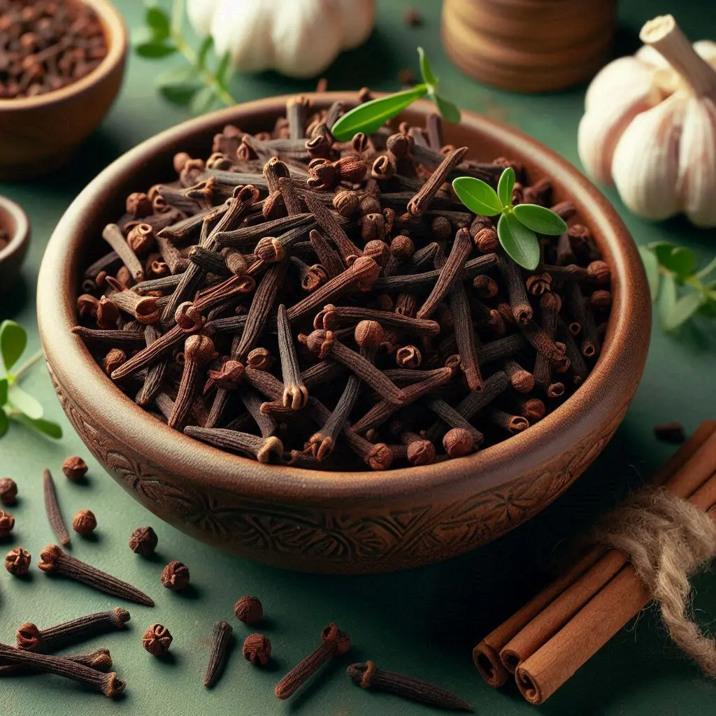 Cloves in a bowl with a few scattered, Freshlink watermark, green background..webp