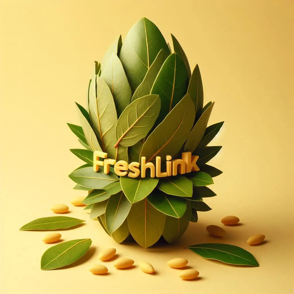 Bay leaves stacked neatly, Freshlink branding, yellow background (2).webp