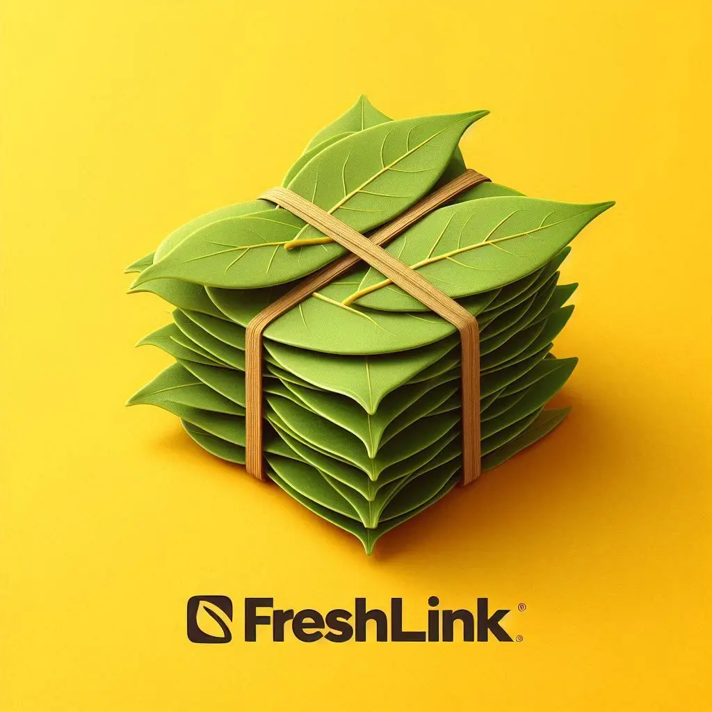 Bay leaves stacked neatly, Freshlink branding, yellow background (1).webp