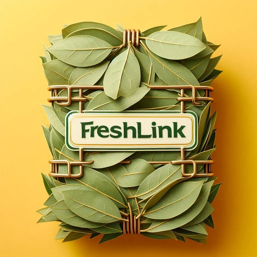 Bay leaves stacked neatly, Freshlink branding, yellow background.webp