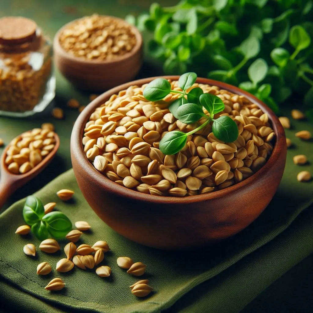 Fenugreek seeds in a bowl with Freshlink watermark, green background. (3).webp