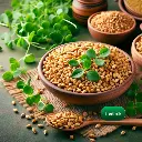 Fenugreek seeds in a bowl with Freshlink watermark, green background. (1).webp
