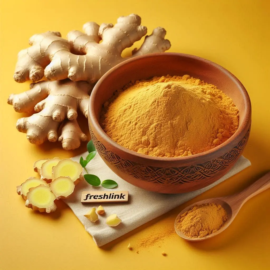 Dry ginger powder in a bowl with ginger root beside, Freshlink branding, yellow background. (2).webp