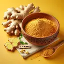Dry ginger powder in a bowl with ginger root beside, Freshlink branding, yellow background. (2).webp