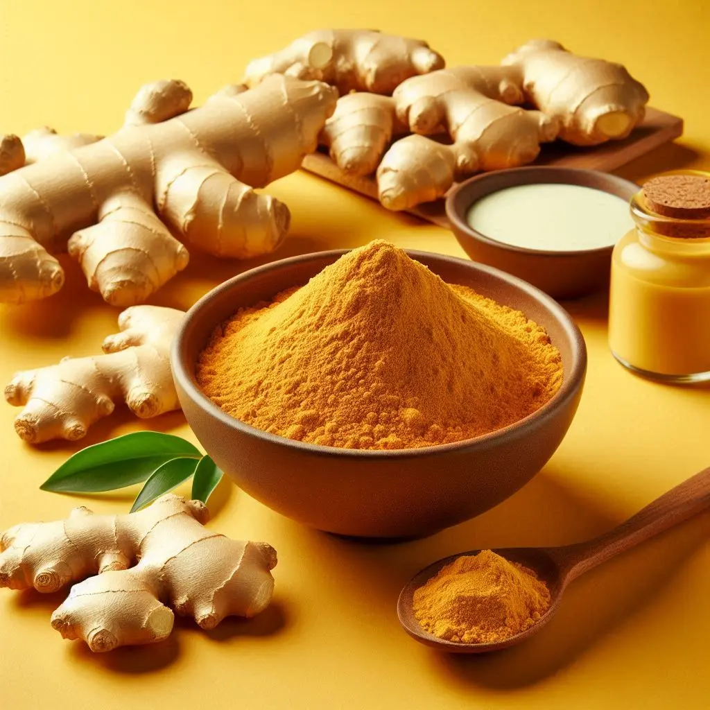 Dry ginger powder in a bowl with ginger root beside, Freshlink branding, yellow background. (1).webp