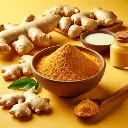 Dry ginger powder in a bowl with ginger root beside, Freshlink branding, yellow background. (1).webp