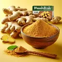 Dry ginger powder in a bowl with ginger root beside, Freshlink branding, yellow background..webp