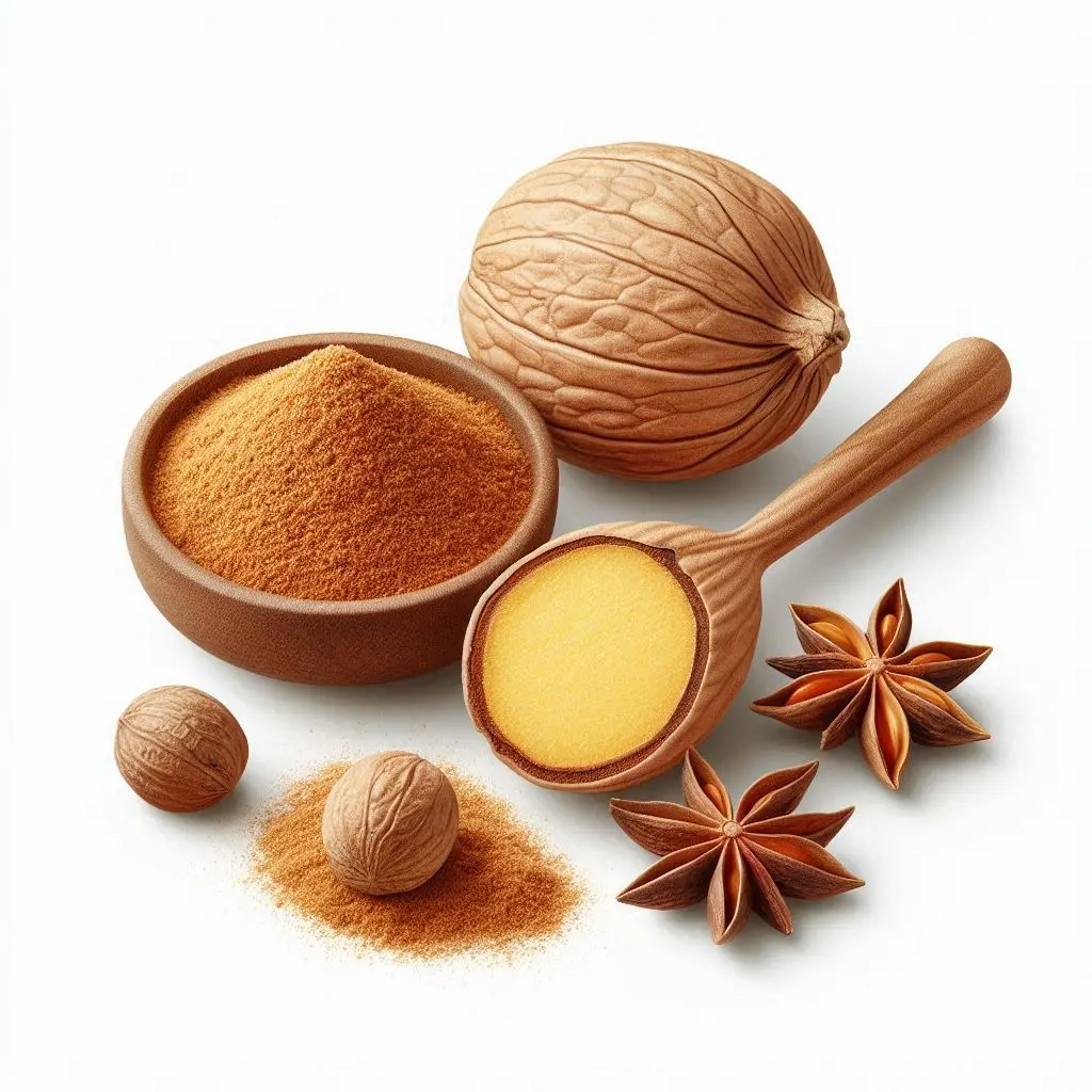 Nutmeg whole and powdered, Freshlink watermark, clean white background. (2).webp