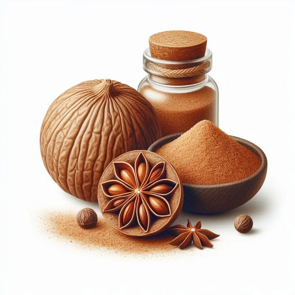 Nutmeg whole and powdered, Freshlink watermark, clean white background..webp