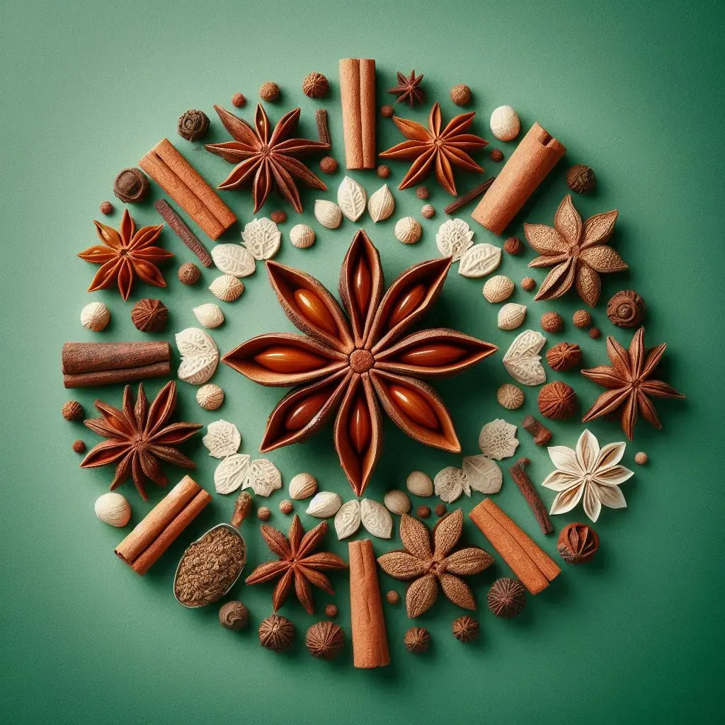 Star anise spice arranged aesthetically, Freshlink logo, green background. (2).webp