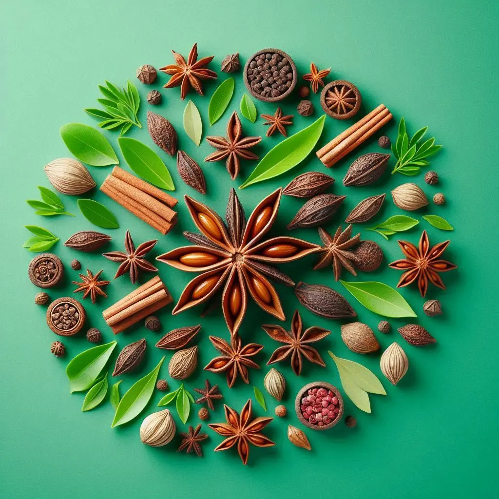 Star anise spice arranged aesthetically, Freshlink logo, green background..webp