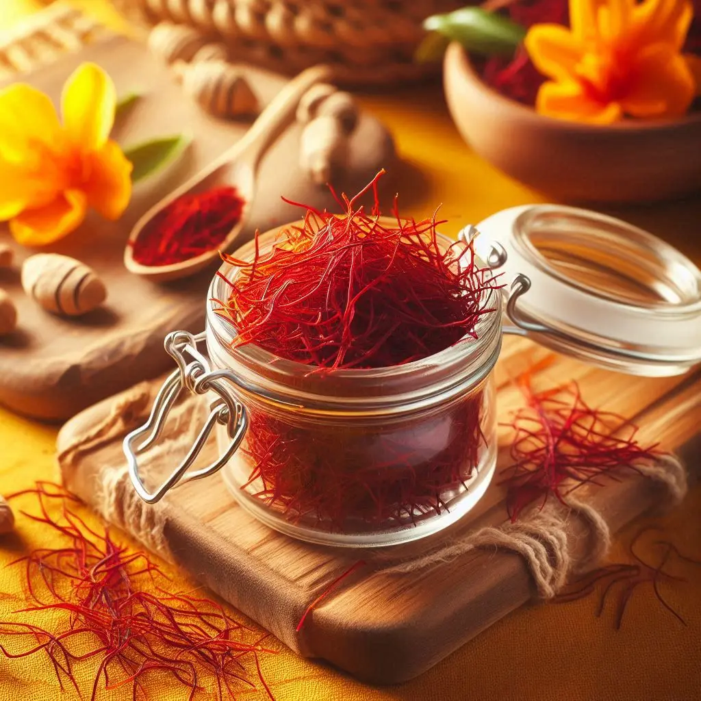 Saffron strands in a small glass jar, Freshlink watermark, yellow background (4).webp