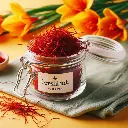 Saffron strands in a small glass jar, Freshlink watermark, yellow background (3).webp